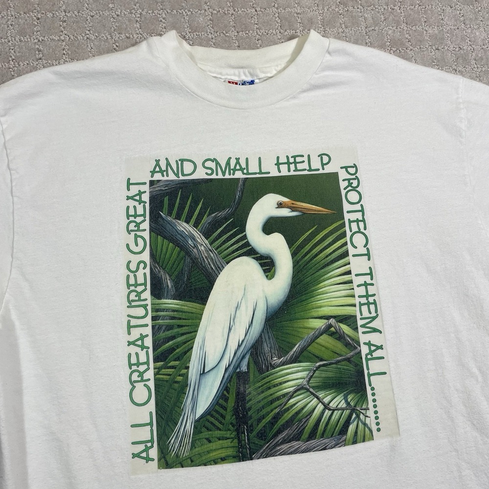 Vintage 90s Great Egret Animal Protection Earth Day Nature Bird Tshirt Sz Large